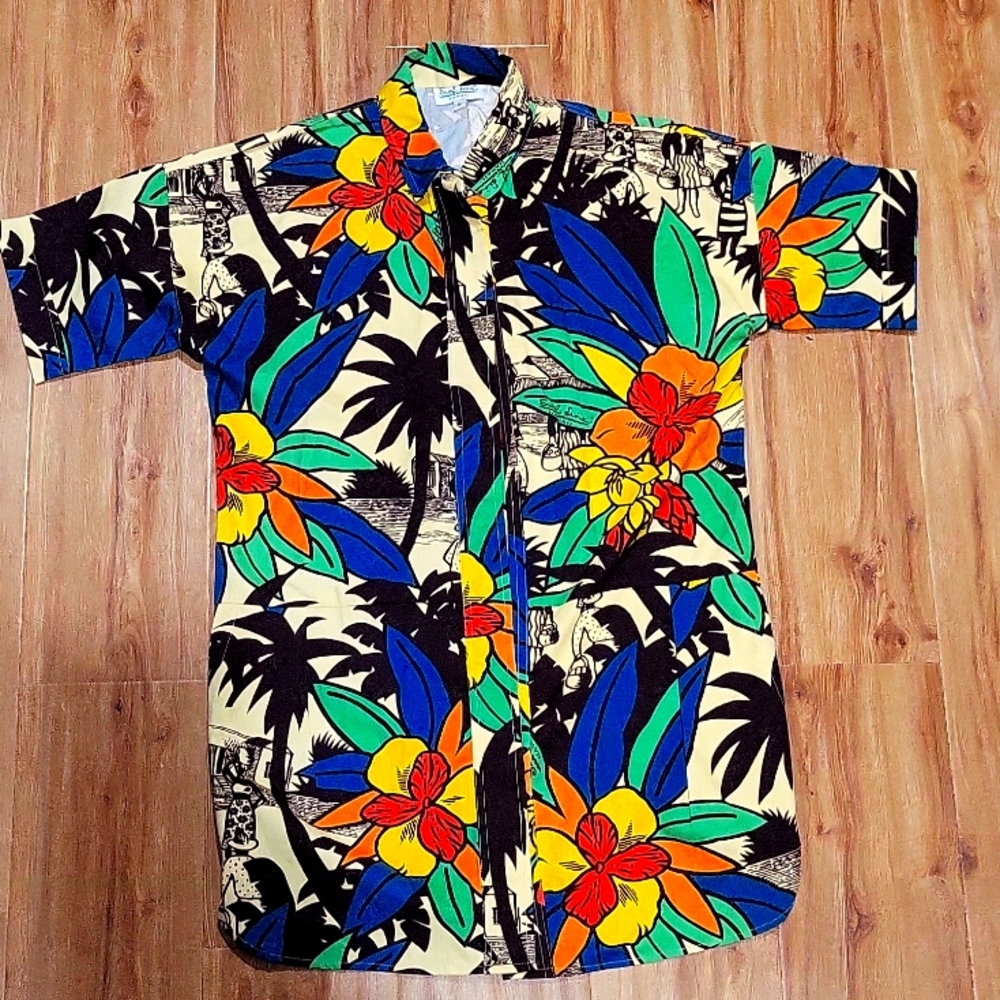 Vintage 80s Hawaiian Surf Line Floral Shirt Dress